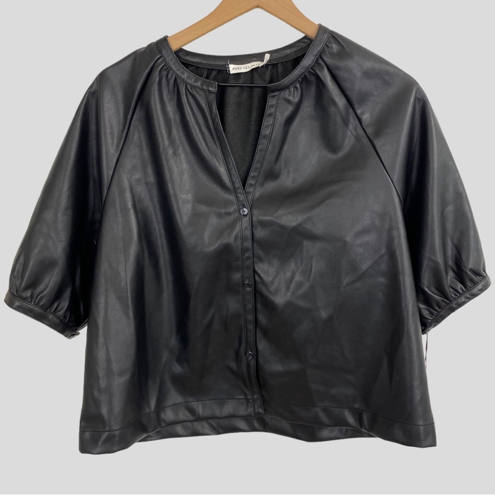 Avec Les Filles Black Faux Leather Button Front Top NWT